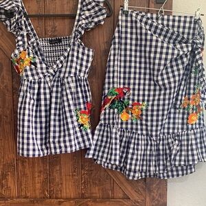Zara Blue and White Gingham Skirt Set with Floral Embroidery